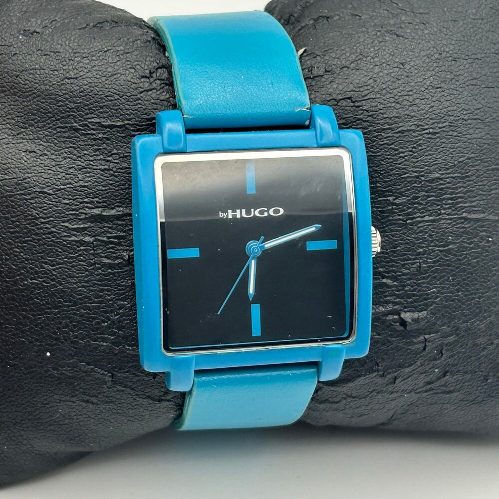 By HUGO Teal Blue Quartz Watch Square Black Dial Working New Battery